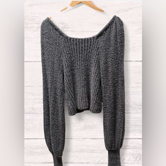 Dark Grey Free People Katie Mix Stitch Square Neck Sweater, size L. - Picture 3 of 5